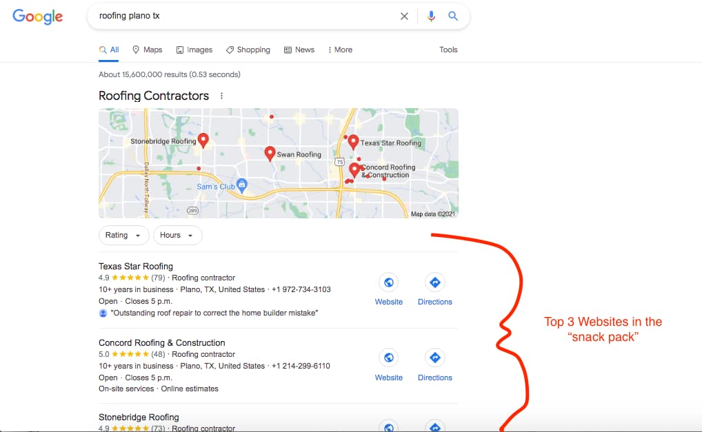 GMB "snack pack" listing for roofing companies in Plano TX