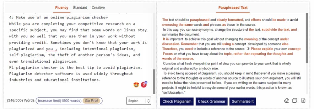 paraphrasing tool screenshot to improve on page SEO