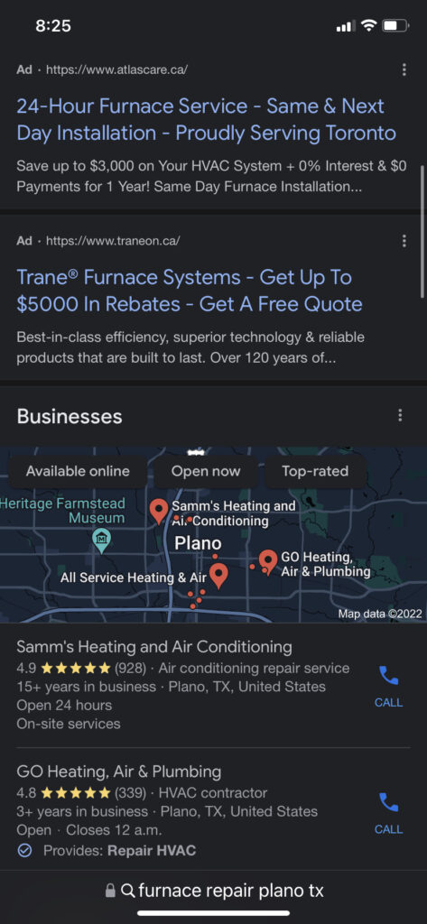Ads and local 3 pack for HVAC SEO